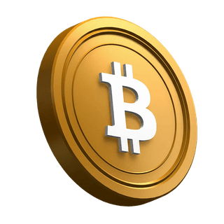 Na secção de destaque do design, uma moeda Bitcoin (BTC) em ângulo